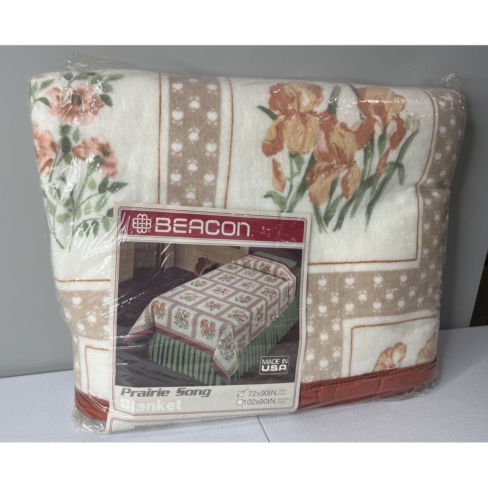 Vtg Beacon Prairie‎ Song Blanket Floral 72"x90" Made In USA Acrylic Polyester